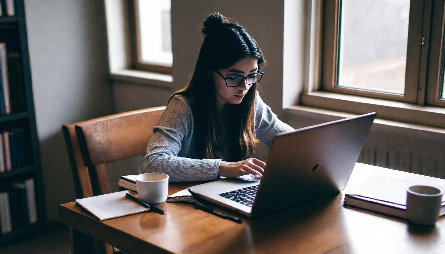 A student writing a persuasive essay at a desk with books and notes