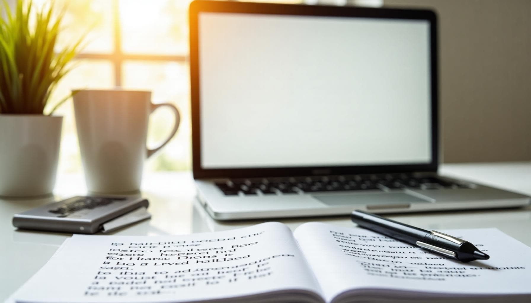 A student writing a college application essay on a laptop with handwritten notes and coffee nearby