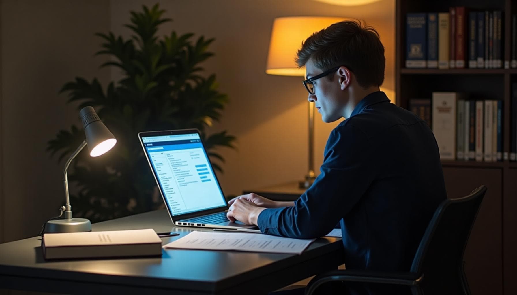 Graduate student working on a dissertation with AI writing assistant