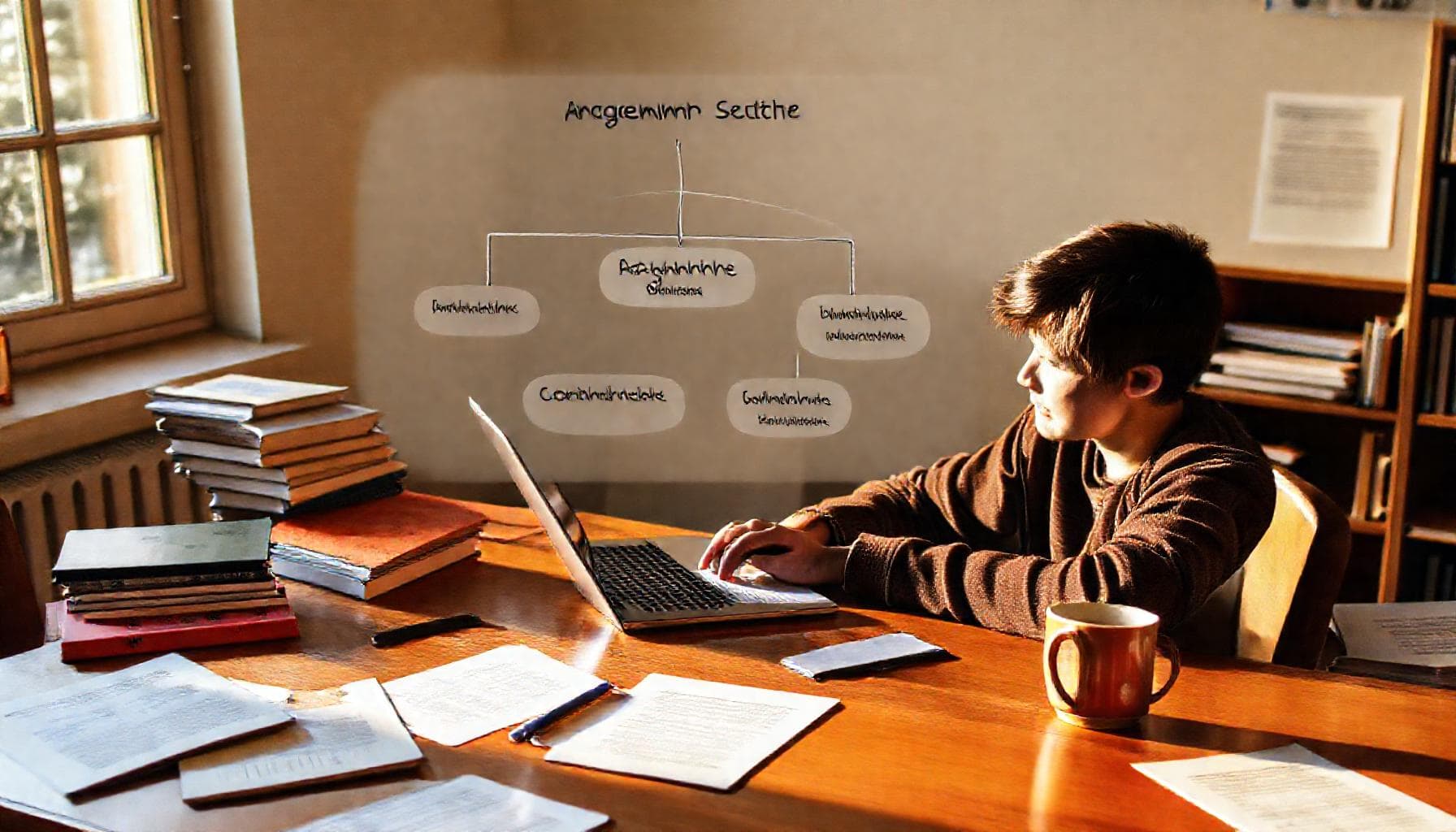 Student writing an argumentative essay at a desk with research notes and laptop