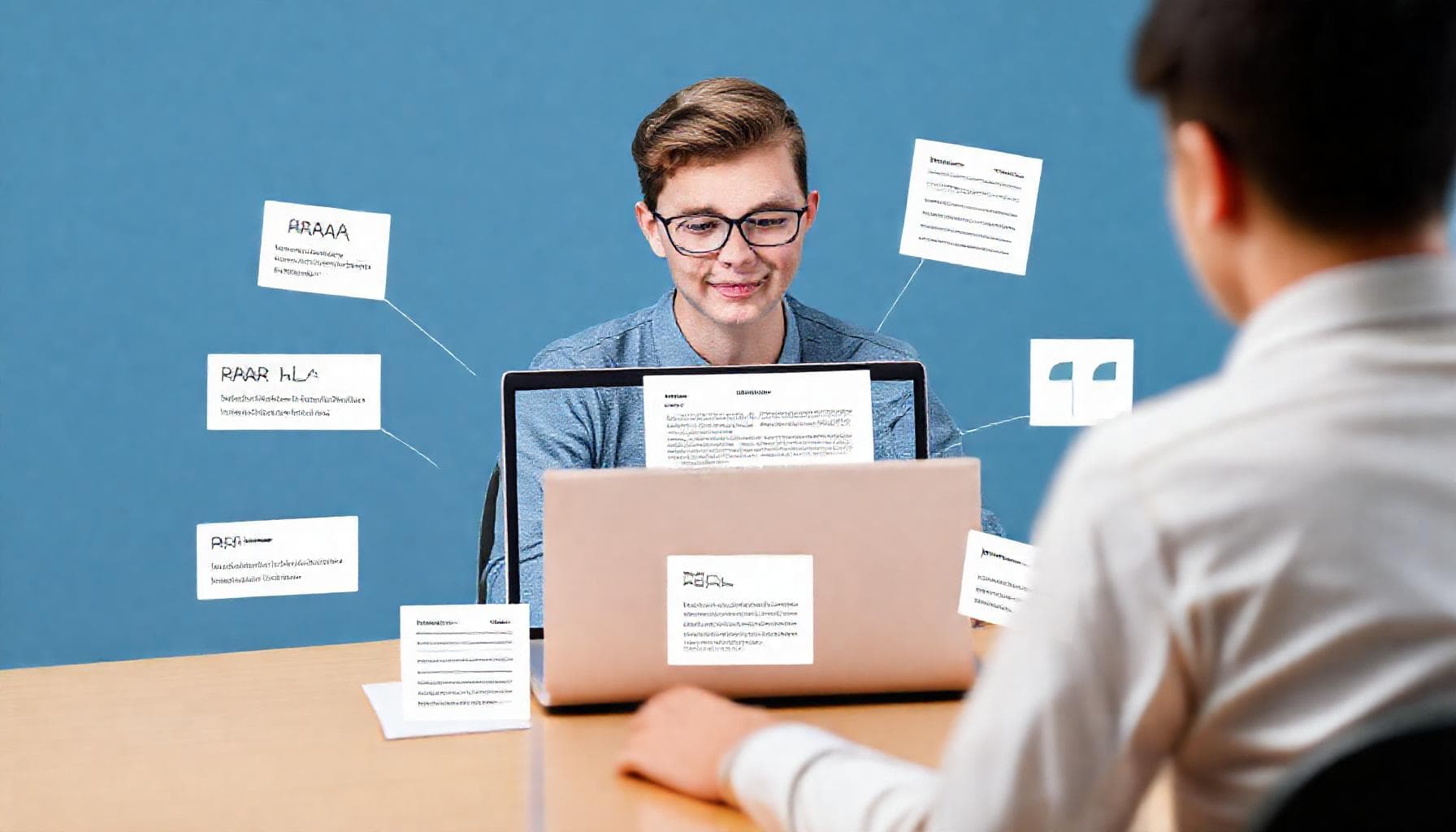 Student working on a research paper with floating citation references
